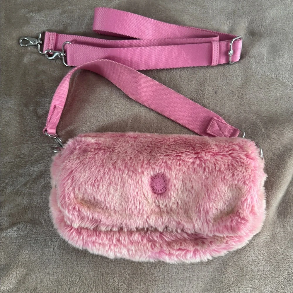 Kipling Aras Furry Shoulder Bag Pink Y2K Barbiecore Faux Fur - Picture 5 of 13